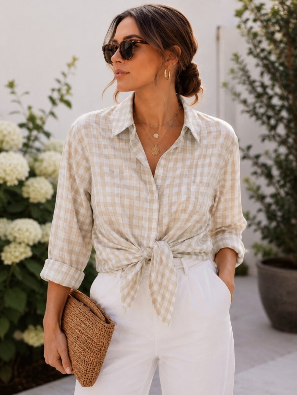 Katharina Hovman Gingham Button Down Blouse Neutral Quiet Luxury Shirt EU 40